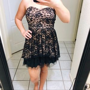 Strapless beige and black lace dress